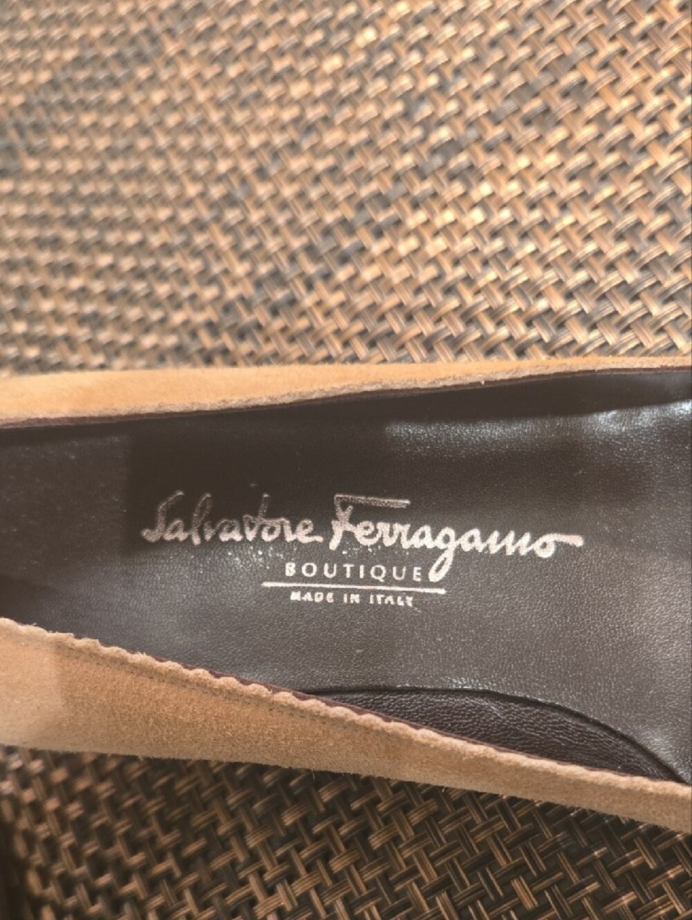 Salvatore Ferragamo Tan Suede Flats with Brown Patent Cap-Toe - Picture 4 of 8
